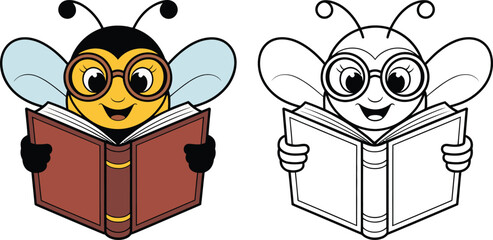 A cheerful cartoon bee wearing glasses reads a book in color and a clean black line art version for educational purpose