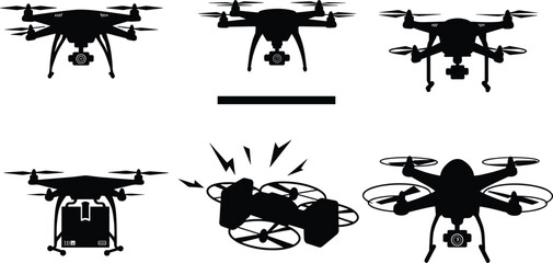 Drone silhouette set, quadcopter icons, UAV design, aerial technology, flying device, drone illustration, remote control, camera drone, aviation, modern gadget