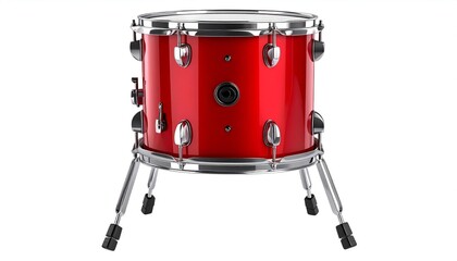 A red, cylindrical drum with chrome hardware stands on three legs against white background