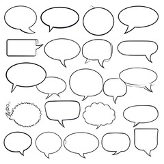 Fototapeta premium A collection of blank speech bubbles in various shapes and sizes, outlined in black on a white background, representing conversation