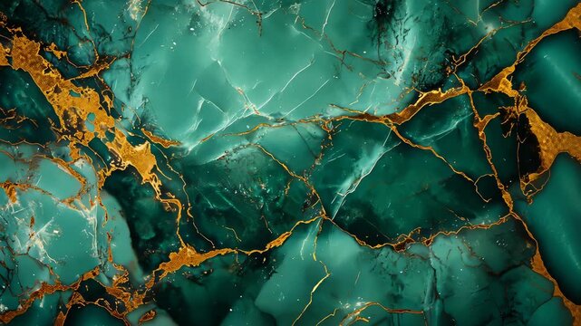 Emerald and gold marble texture with cracked patterns and dynamic movement