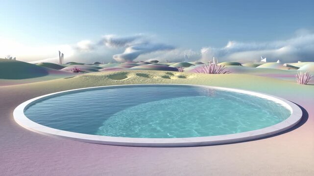 Surreal dreamy landscape with a swimming pool