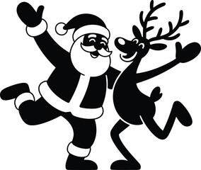 Joyful santa claus and a reindeer dancing together in a fun silhouette style for christmas celebrations