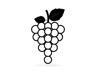 Simple, black and white illustration of a bunch of grapes with leaves on a white background