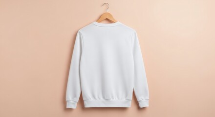 Plain white crewneck sweatshirt hanging on a wooden hanger against a peach wall