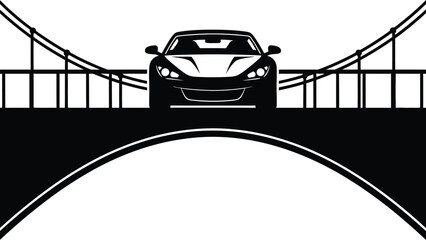 Silhouette of a modern sports car on a bridge isolated on white background, symbolizing travel, engineering, and automotive adventure