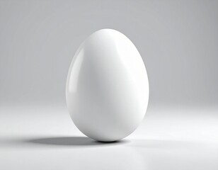 A single, perfect white egg sits centered on a clean, reflective surface with a soft shadow.