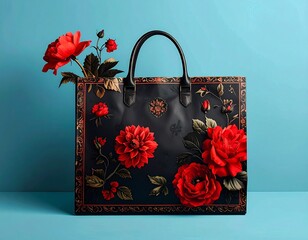 Elegant patterned tote bag adorned with vibrant red roses, a stylish accessory for any occasion.