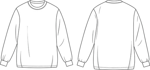 Technical flat sketch vector illustration of an oversized crew neck sweatshirt with drop shoulders and ribbed cuffs/hem, front and back view for casual apparel design and fashion CAD templates. © Hasan Creatives