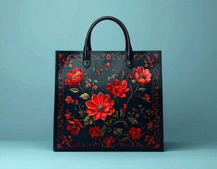 Elegant dark tote bag adorned with vibrant red floral embroidery on a soft blue background.