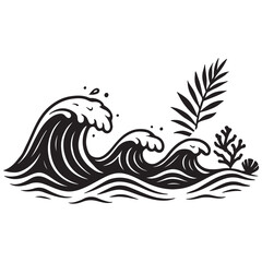 Ocean Waves and Coastal Plants Silhouette  Minimalist Nature Vector with Tropical Foliage and Shell