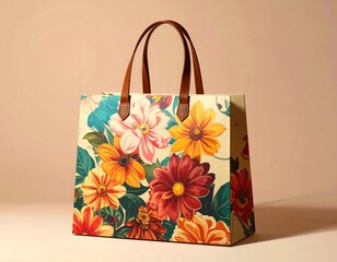 Vibrant floral tote bag with leather handles, perfect for stylish everyday use.
