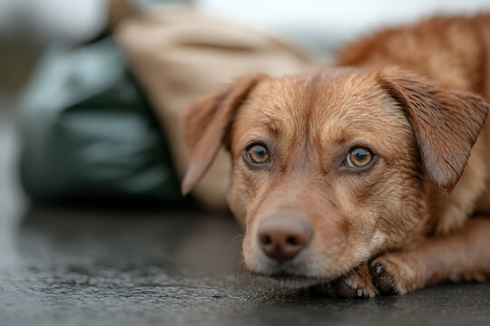Close-up of a wet, brown dog with soulful eyes resting its head on its paws, conveying a sense of vulnerability and tenderness.