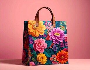 Vibrant floral shopping bag with leather handles, perfect for gifts and retail.