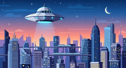 UFO over futuristic city at night.
