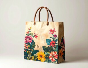 Elegant paper shopping bag adorned with vibrant, colorful floral illustrations against a soft background.