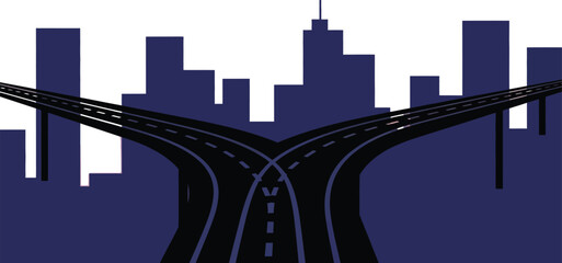 A stylized illustration of a city skyline with a highway splitting into two directions isolated on white background