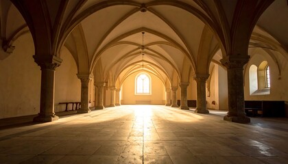 Fototapeta premium Light streams through a grand, arched corridor, illuminating stone floor, supported by pillars in a historical setting