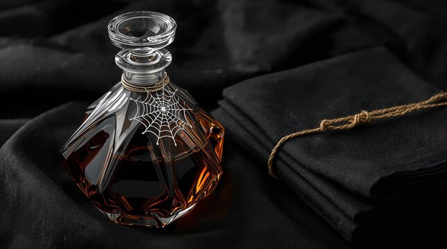 Crystal decanter with spiderweb wrap glows against dark velvet backdrop for Halloween gothic elegance