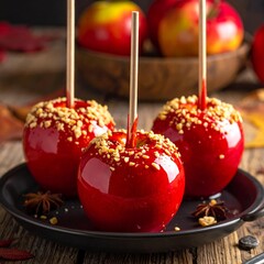 Three candied apples with nuts on a plate, surrounded by autumnal elements.