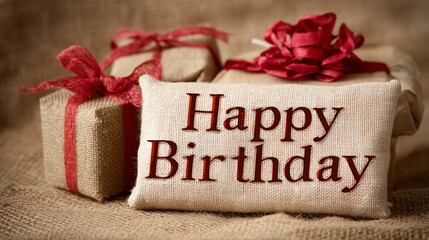 Happy Birthday message cushion displaying wishes with gift boxes, celebrating special moments
