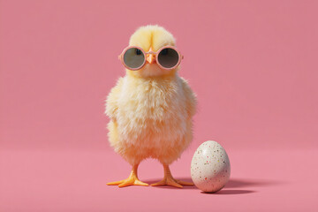 Cute fluffy chick wearing sunglasses next to speckled egg on pink background