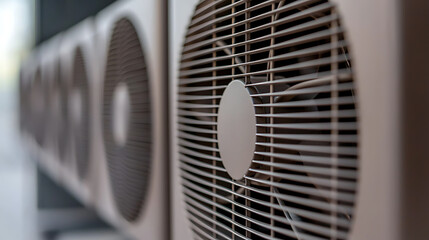 Row of cooling units lined up. The grilles of each unit face the viewer, suggesting a focus on climate control and environmental systems.