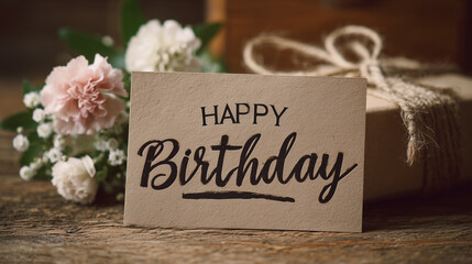 Happy Birthday greeting card standing on a rustic wooden table with flowers and a gift box in soft focus
