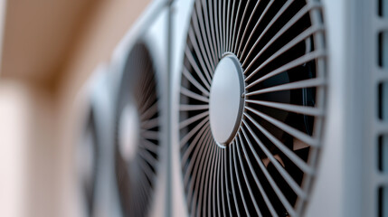 Close-up of outdoor AC units, showcasing the circular fan grilles and cooling technology in a residential or commercial building setting.
