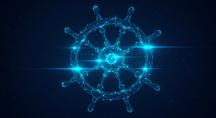 Blue digital ship wheel with glowing lights steering wheel