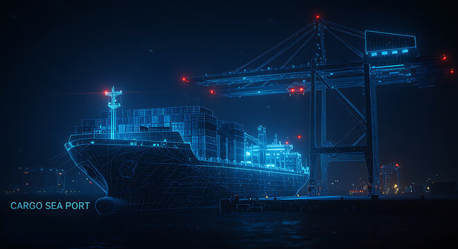 Blue wireframe cargo ship and cranes at night container ship