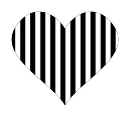 png illustration of a heart shape filled with vertical black and white stripes on a plain white background; modern graphic art emphasizing bold pattern and contrast