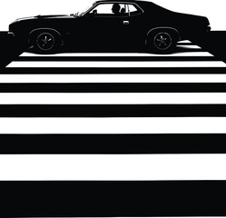 Silhouette of a classic car on a zebra crossing the car is parked on the crosswalk, creating a contrast between light and dark