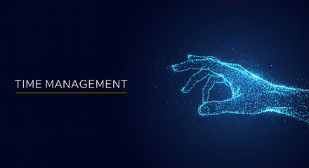 Blue digital hand reaching with text time management