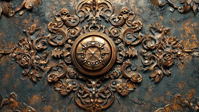 Intricate rotating metal gear with ornate patterns and rustic texture