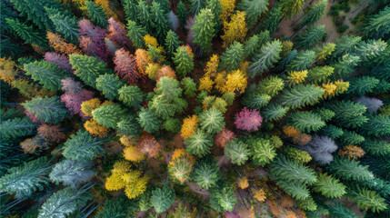 Autumn forest from above showing vibrant colors of changing leaves with green coniferous trees