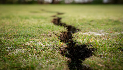Ground crack and green grass in half land landscape outdoors.