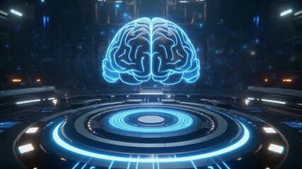 Futuristic holographic brain made of glowing blue digital particles floating above a circular interface, representing artificial intelligence and modern data science innovation. - Powered by Adobe