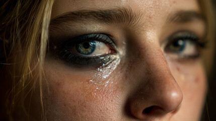 Young woman's face with smeared eye makeup, crying and showing deep sadness, emotion, and despair