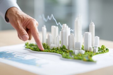 Business Hand Pointing at Financial Chart with Eco-City Model for Sustainable Growth