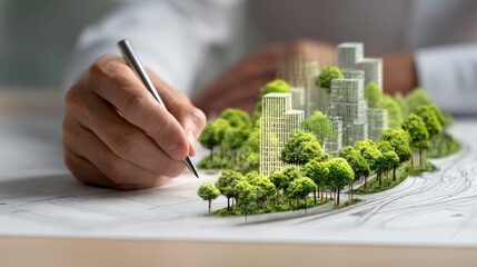 Businessperson Designing Urban Forest City with 3D Model and Blueprint
