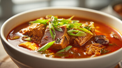 Korean soybean paste stew with tender meat and spring onions, a spicy, savory and comforting traditional dish