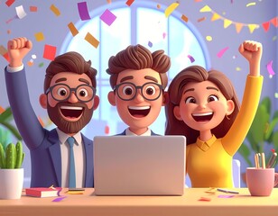 Excited diverse team celebrating success with confetti and laptop in bright office