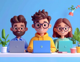 Three diverse cartoon characters wearing glasses working together on laptops in a bright office