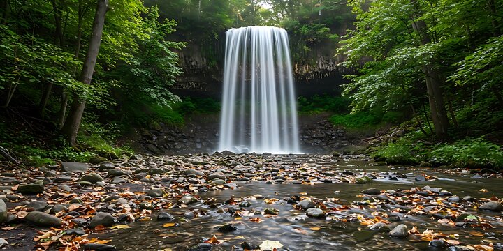 A beautiful waterfall cascades down a rock face, surrounded by lush green trees and a rocky stream.