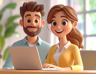 Happy cartoon couple smiling and working together on a laptop computer at home