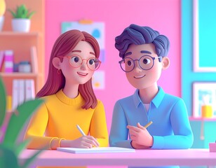 Two diverse animated students wearing glasses studying together at a desk with books