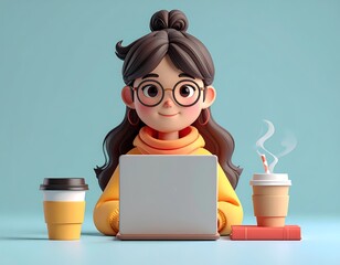 Cute 3d cartoon girl with glasses working on laptop with coffee cups