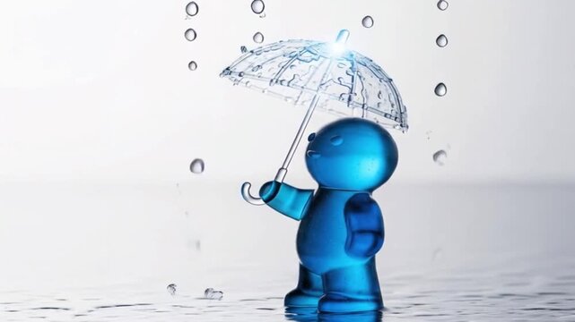 Blue Jelly Man Standing Under Umbrella in Rain Representing Whimsy Humor and Playful Imagination