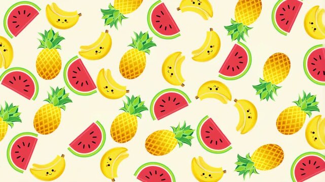 Animated kawaii summer fruit pattern background